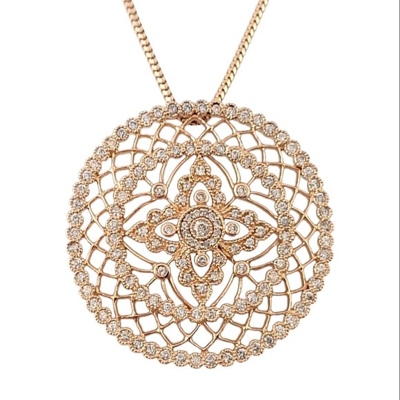 Estate Jewelry - Vintage 14 Karat Rose Gold Diamond Circular Pendant Necklace #1932